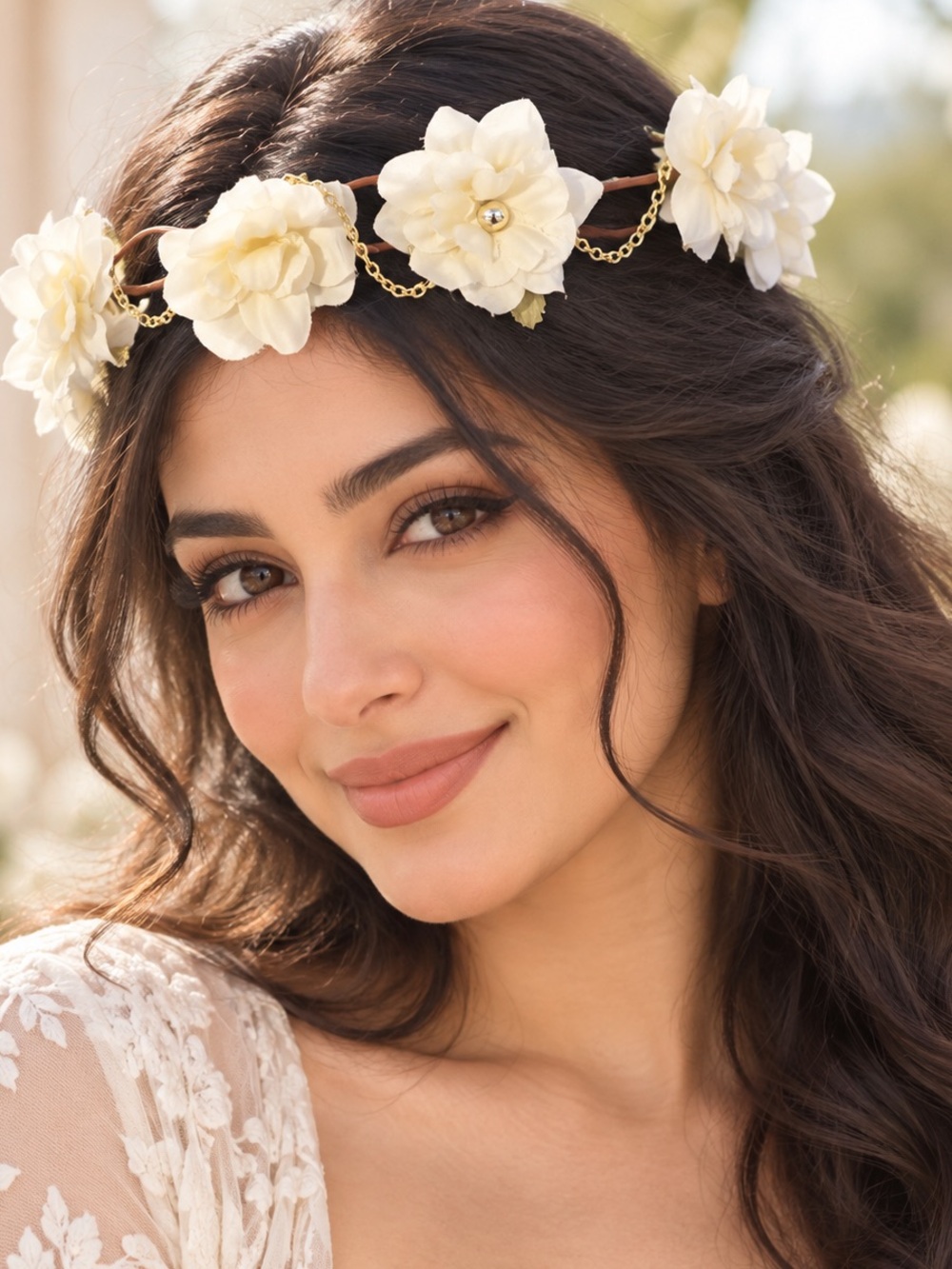 Ivory White Floral Crown Headband with Gold Chain Accents